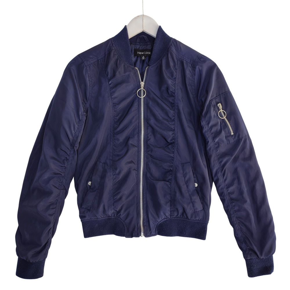 New Look Navy Bomber Jacket Women's Size S Quilted Lined Zip Up Streetwear